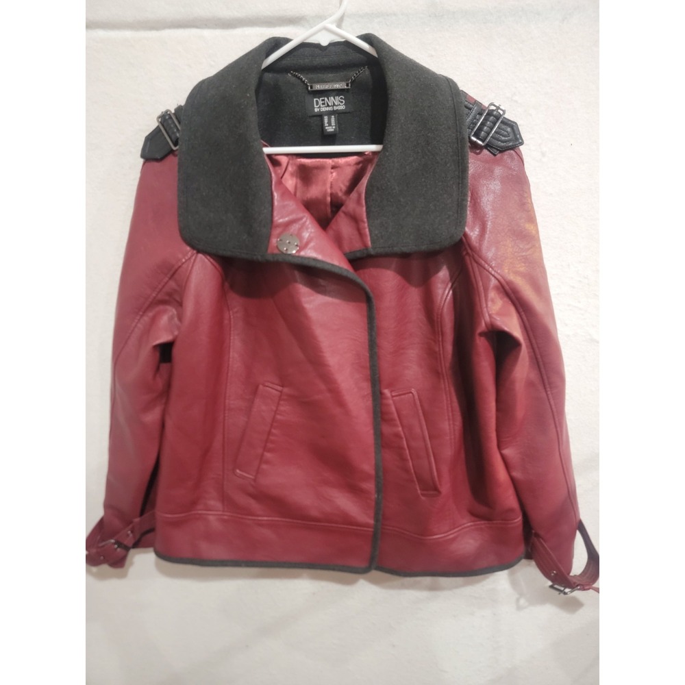 Dennis Basso Burgundy Faux Leather Moto Jacket Gray Collar Silver Snaps Size 16